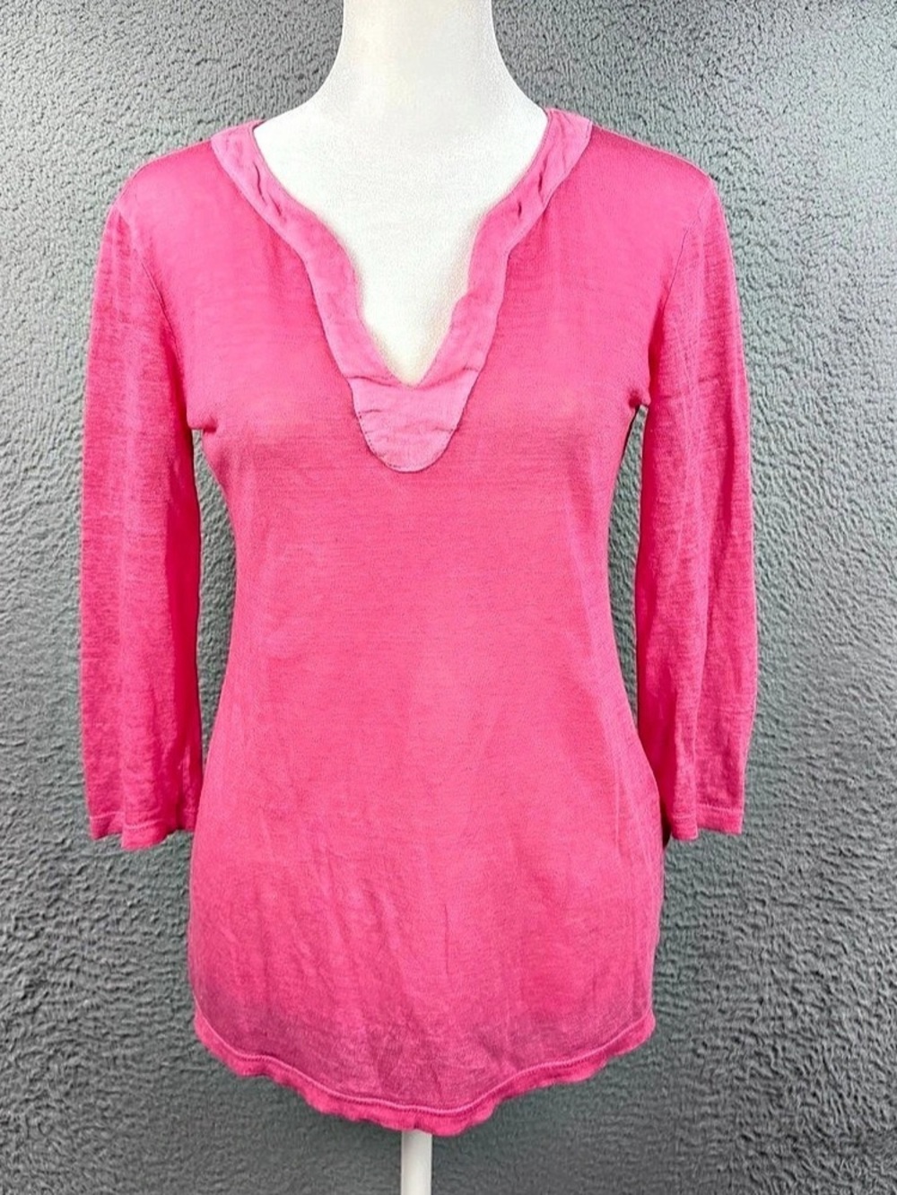 120% Lino Top Womens XS Pink Linen 3/4 Sleeve V Neck Lightweight Preppy Casual